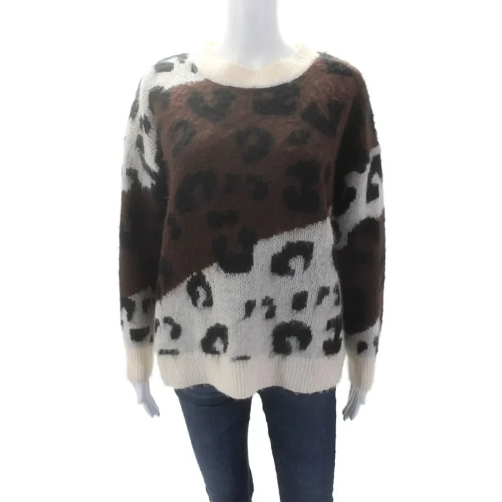 Elan Womens Cotton Round Neck Long Sleeve Animal Printed Sweater White Size XS